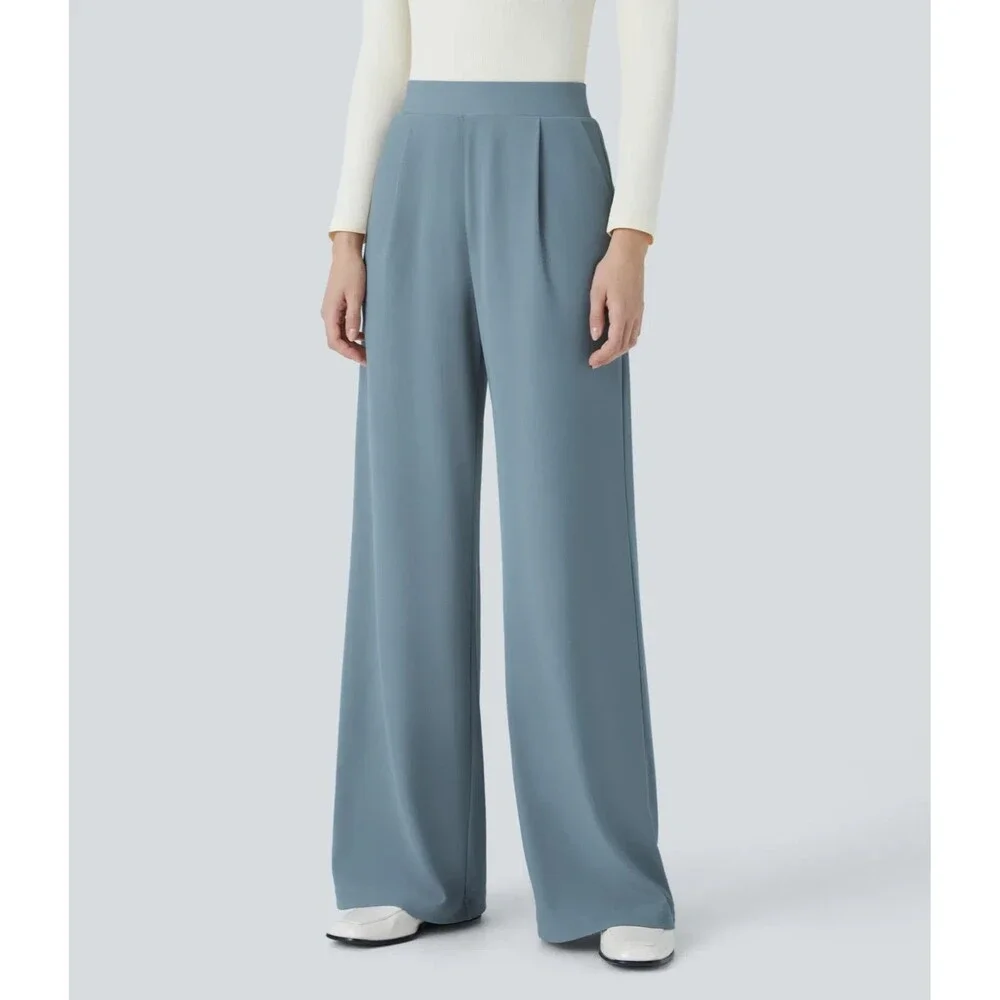 Halara Flex Sculpt Wide Leg Micro Waffle Work Pants Womens M Blue Slimming NEW